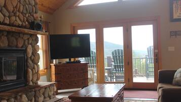 Smart TV, fireplace, DVD player, books