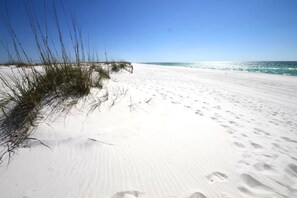 A sandy beach with footprints and sparse vegetation.