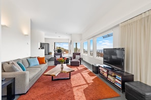Smart TV, fireplace, books