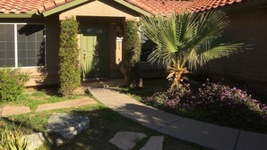 A house with a green door, a small garden with a palm tree, and solar panels on the roof.