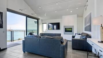 TV, fireplace, foosball