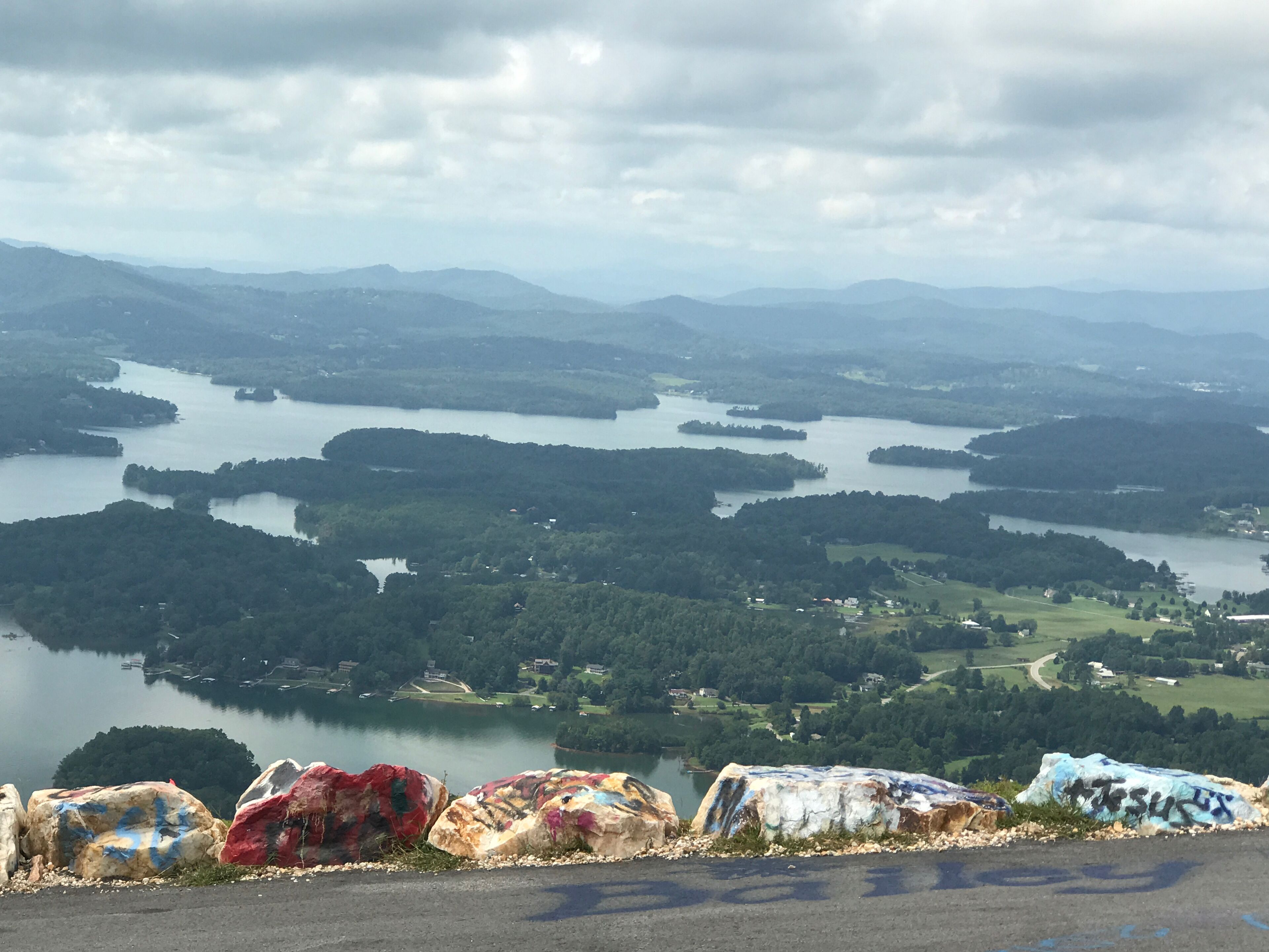 A panoramic view of a lake surrounded by mountains and greenery.