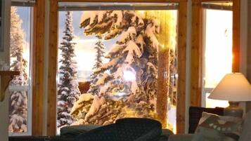 Télévision, cheminée, lecteur de DVD, baby-foot