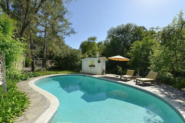 A curved swimming pool with lounge chairs and an umbrella, surrounded by lush greenery.