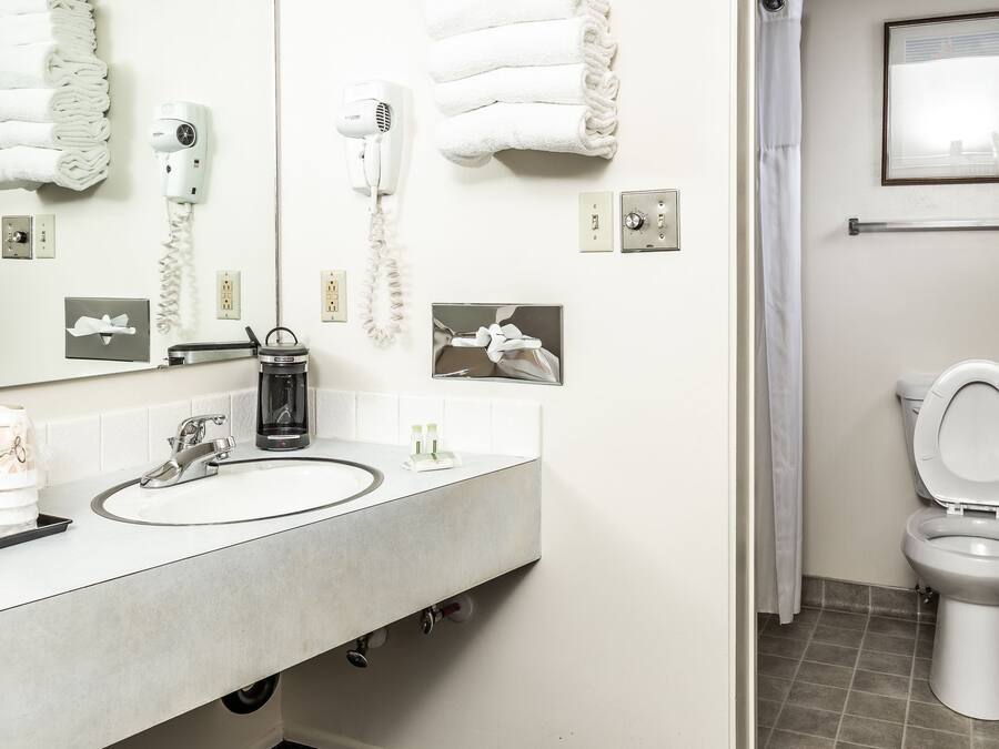 Ein Badezimmer mit Waschbecken, Spiegel, Haartrockner, Handtuchhalter und Toilette.