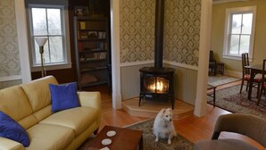 Ein gemütliches Wohnzimmer mit Sofa, Couchtisch, Hund, Kamin und Bücherregal.