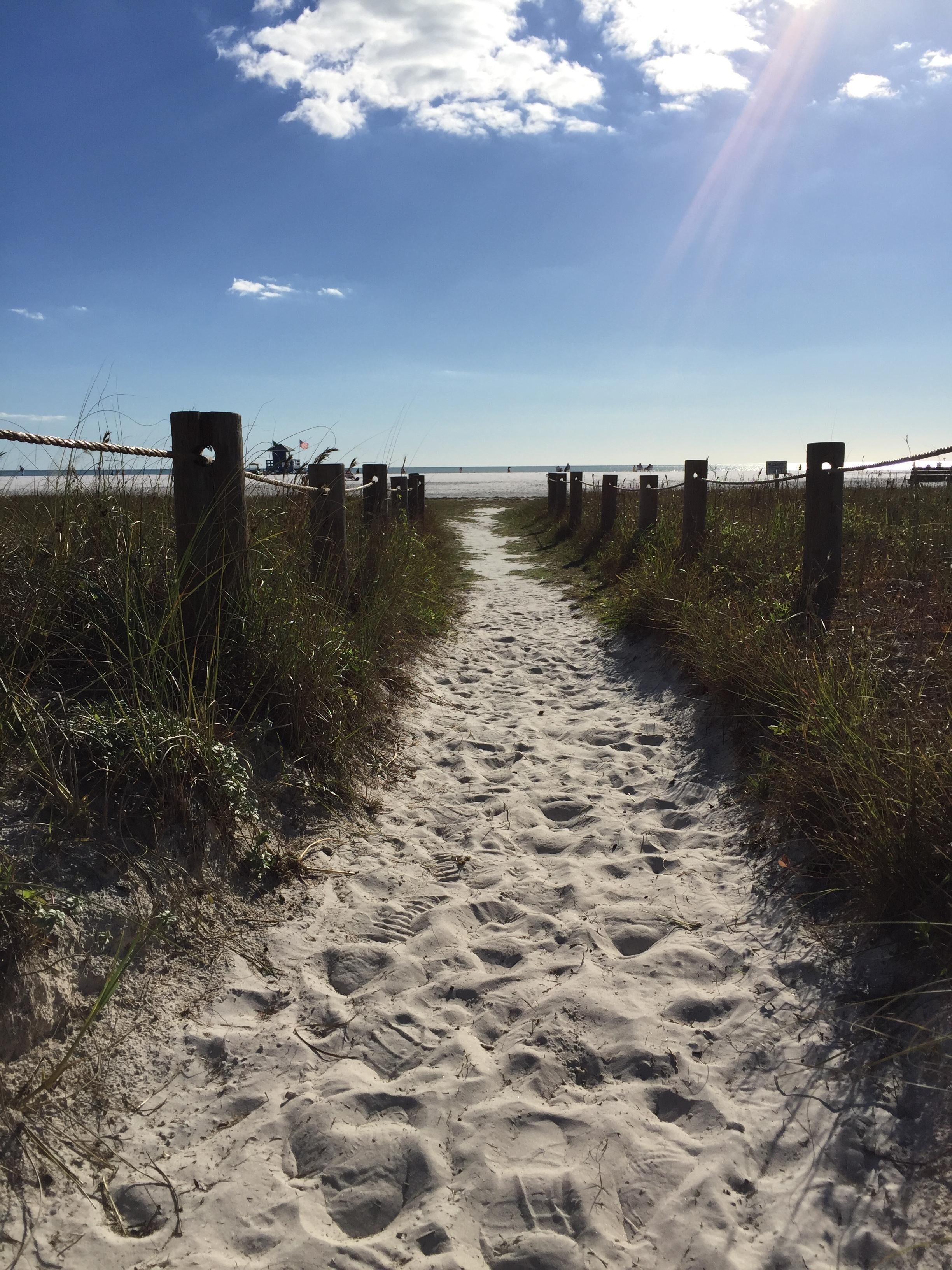Un sendero arenoso que lleva a una playa con postes de madera y barreras de cuerda.