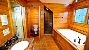 Combined shower/tub, jetted tub, hair dryer, towels