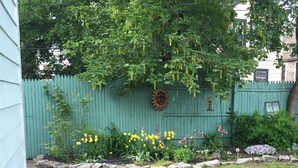 Ein Garten mit grünem Zaun, verschiedenen Blumen und einem Baum.