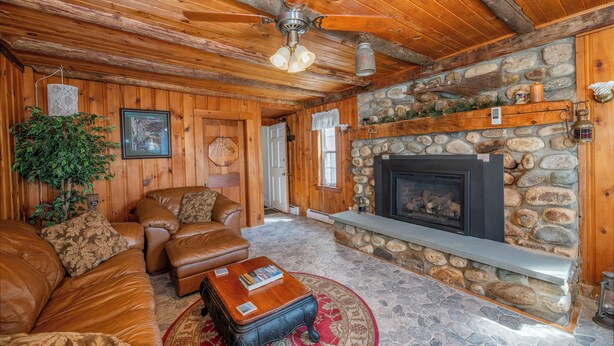 A cozy cabin interior with a stone fireplace, leather furniture, and wooden walls. - Mountain House Magic (Newry)