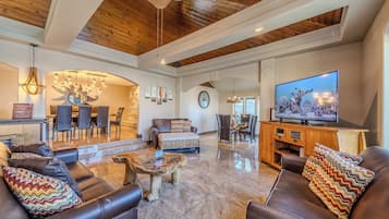 Smart TV, fireplace, DVD player, stereo