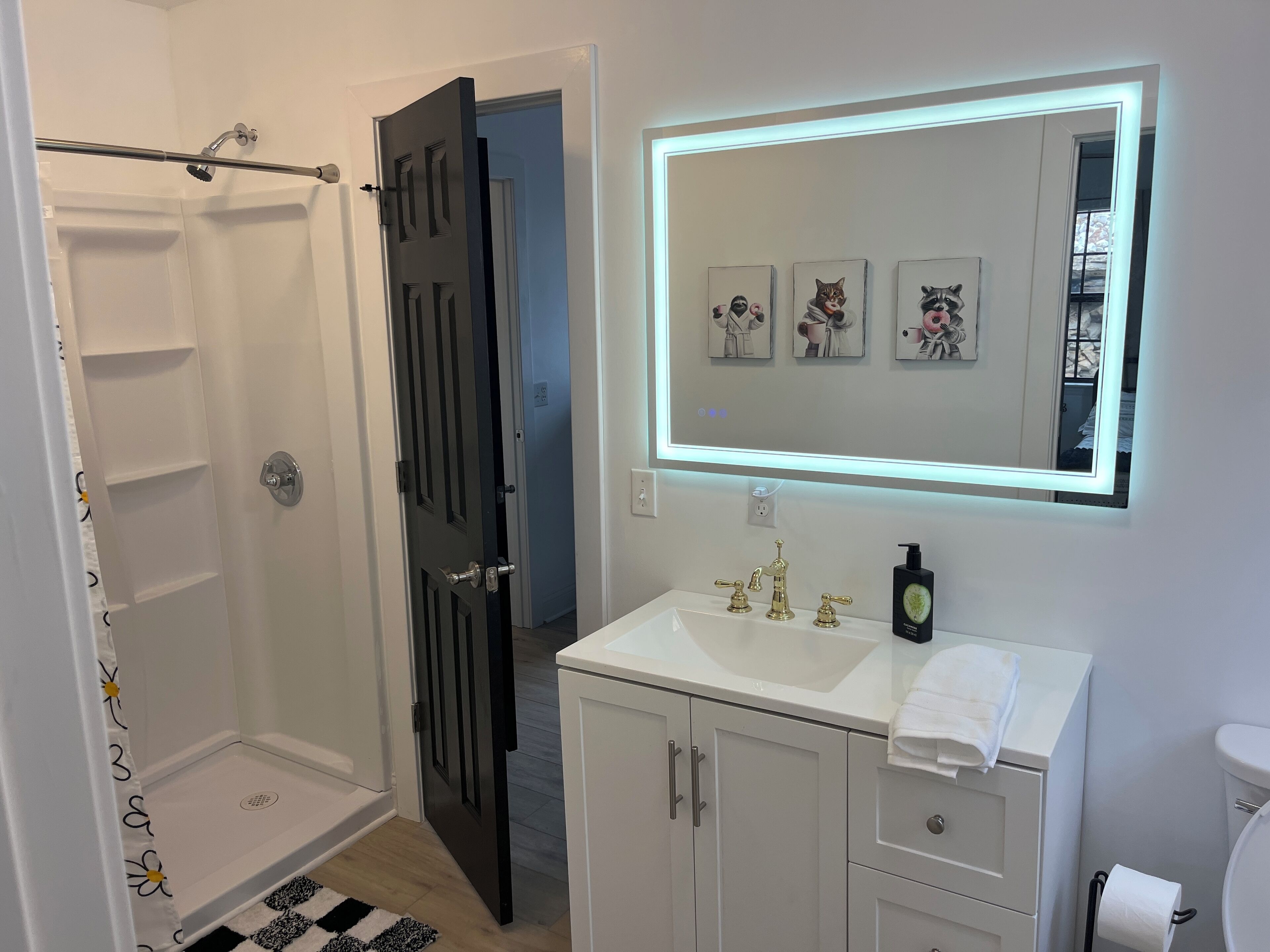 Shower, hair dryer, towels, shampoo