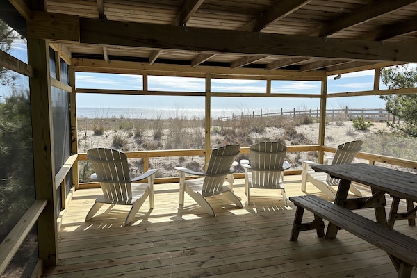 Exterior, screen enclosed deck overlooking the beach. (May 7, 2023)