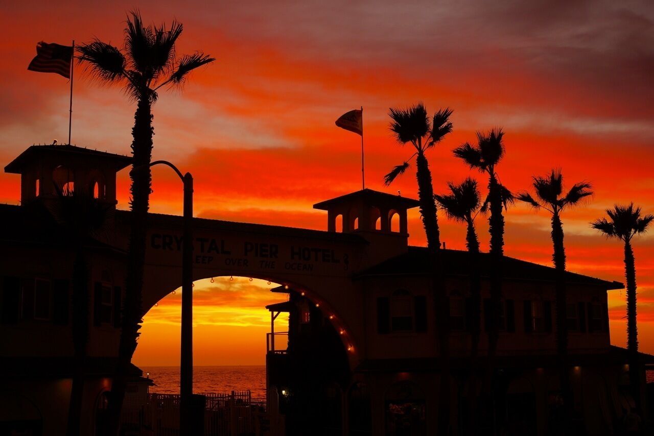 A hotel entrance with a sign reading "Crystal Pier Hotel" and palm trees in the foreground.