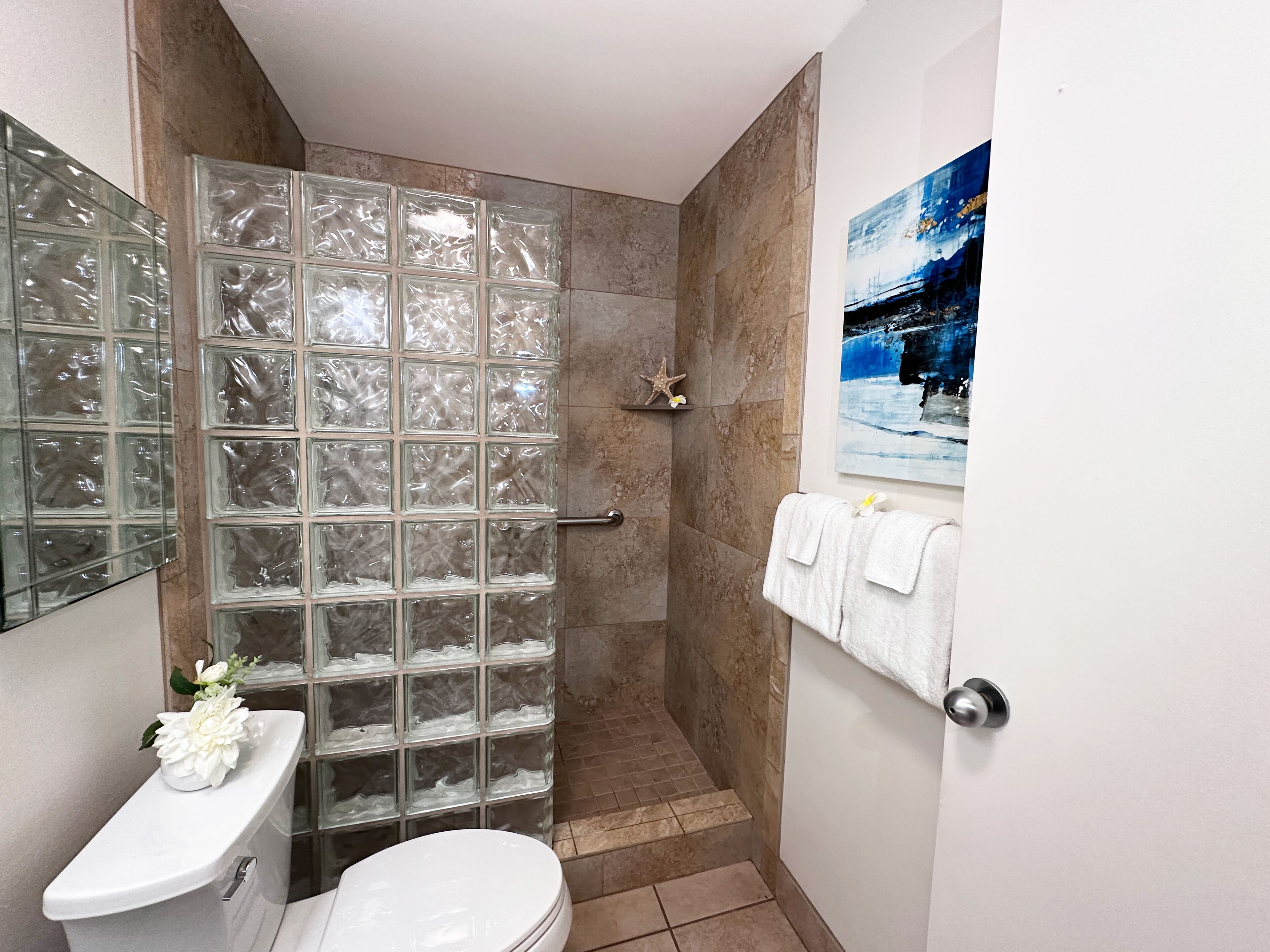 Shower, hair dryer, towels