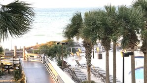 A beachside resort with a wooden deck, lounge chairs, and palm trees. - Sumer dates are open! OCEAN FRONT & beautiful ocean view! Reduced rates! (Miramar Beach)