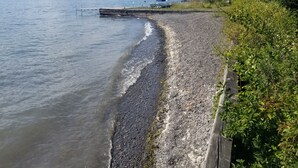 A pebbly beach with a wooden walkway, a dock, and a small building in the background. - Quiet, Private Lakefront Cottage - Skaneateles Lake (Homer)
