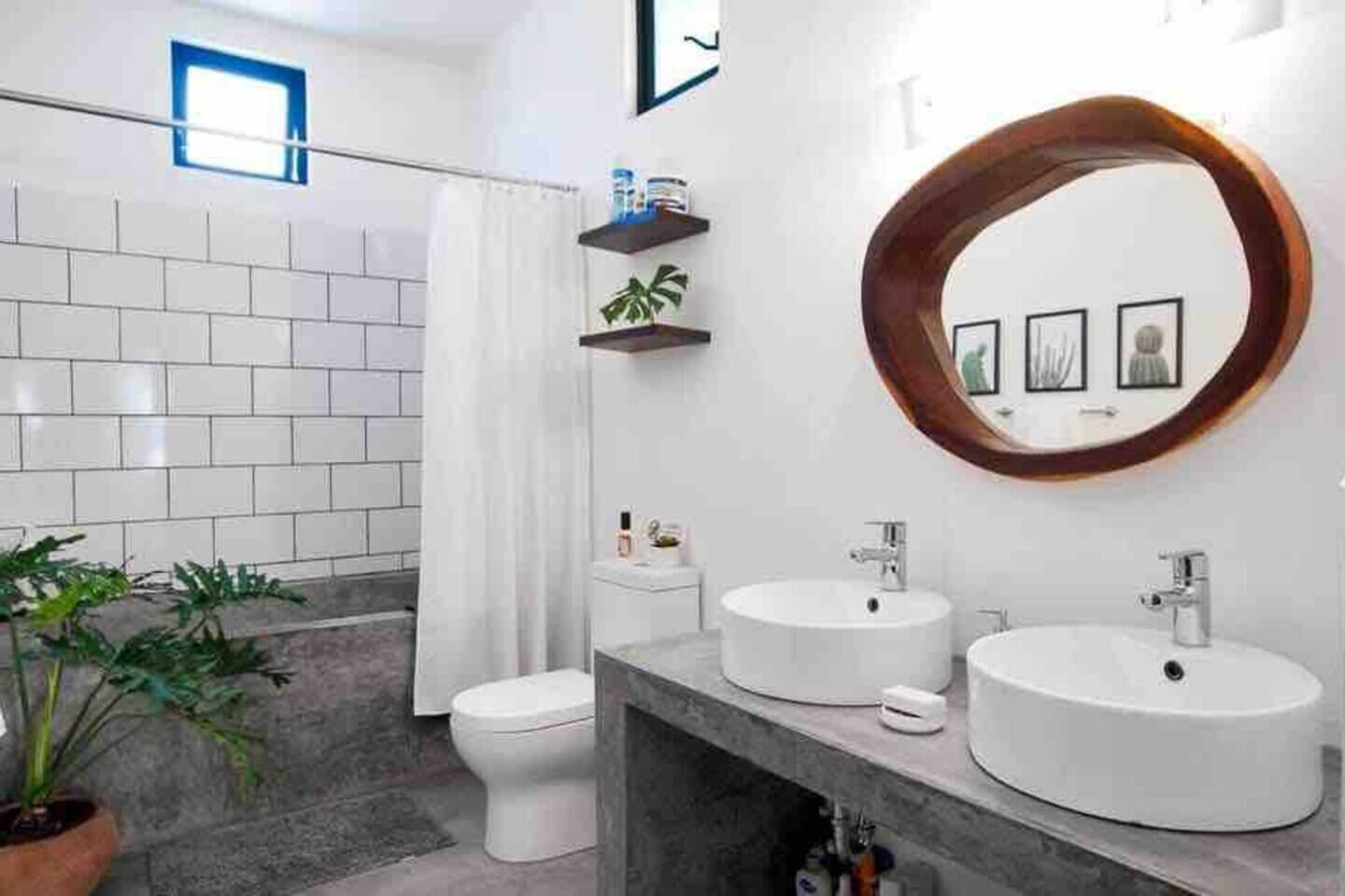 Un baño con dos lavamanos, inodoro, ducha y una planta en maceta.