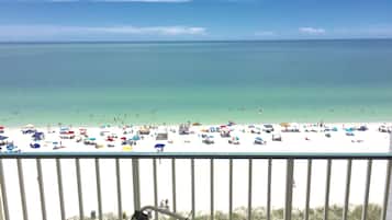 On the beach, sun loungers, beach towels