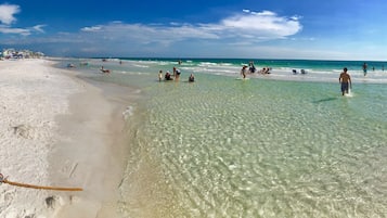 On the beach, sun loungers