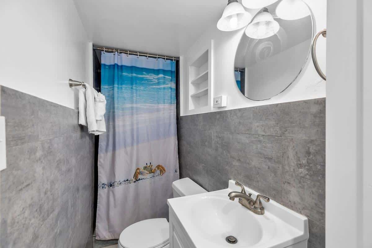 A bathroom with a shower curtain depicting a blue sky and birds, a white sink with a modern faucet, and a mirror above the sink.