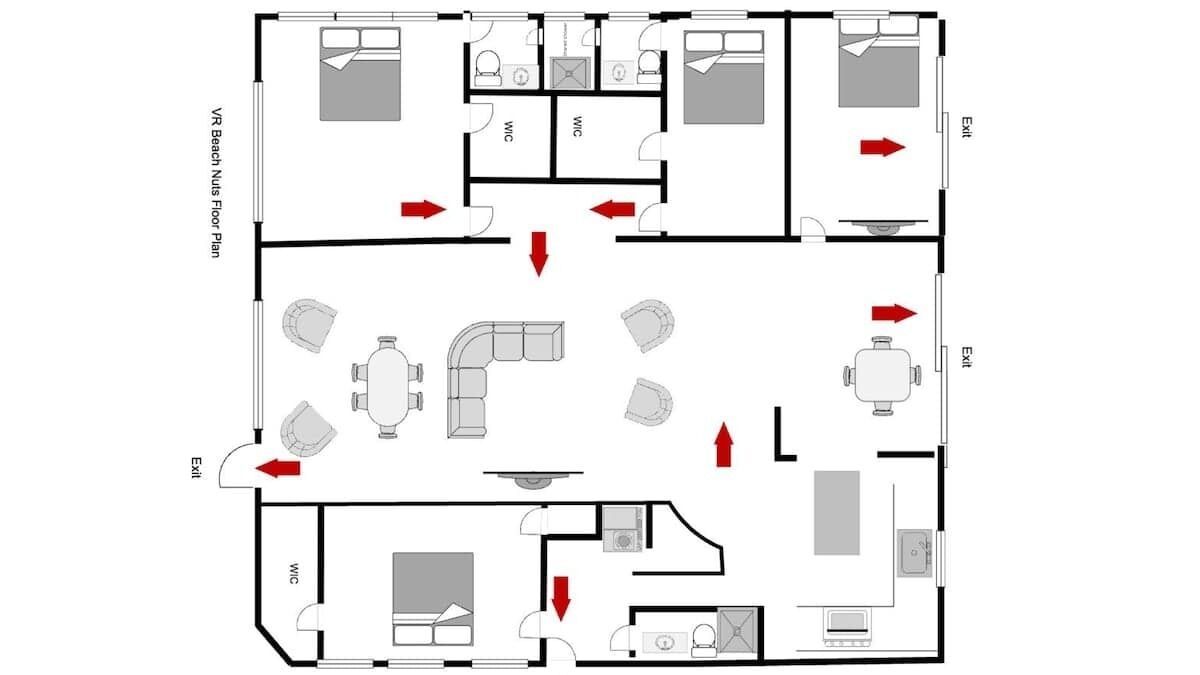 A VR Beach Nuts Floor Plan with two WC, a kitchen, a living area, and two bedrooms.