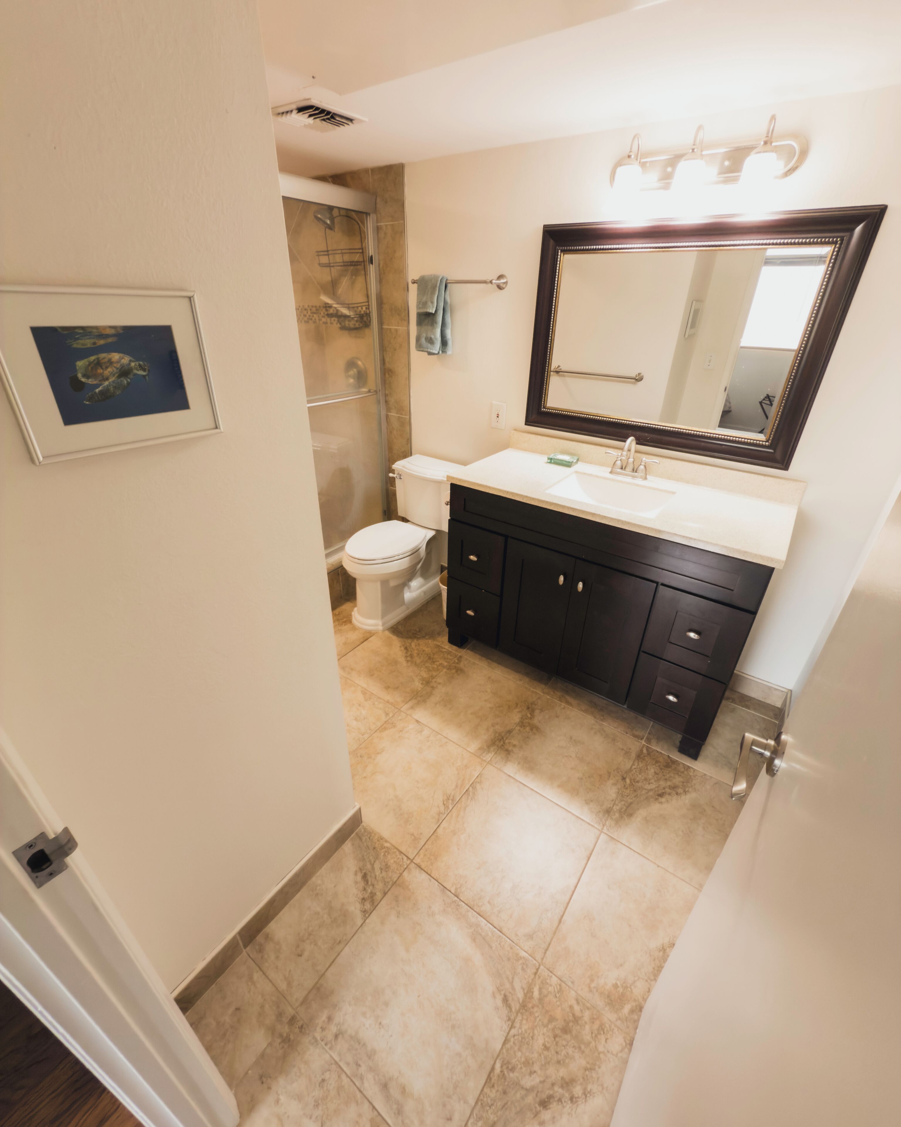 Combined shower/tub, hair dryer, towels