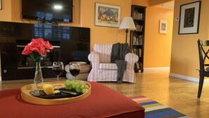 Un salon comprenant un téléviseur, un canapé, un fauteuil, une bibliothèque et un tapis coloré.