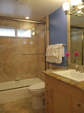 Secadora de cabello, toallas, jabón, papel de baño 