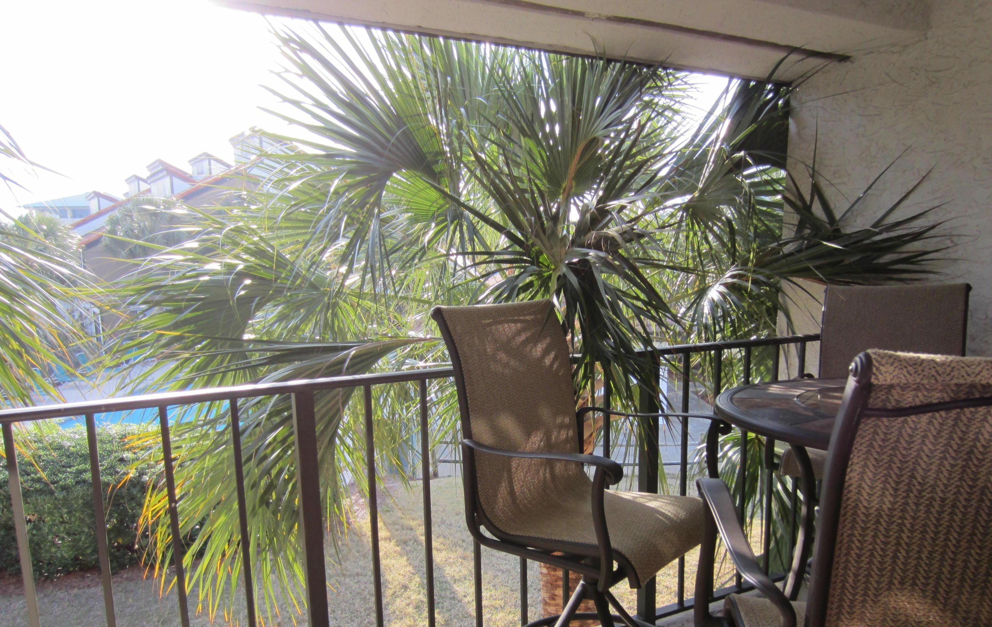 A balcony with a chair and table, overlooking a garden with palm trees and a view of buildings.