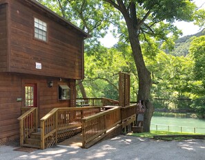 Escape to a secluded cabin surrounded by lush greenery and a serene body of water.