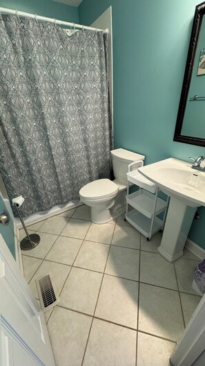 Ein Badezimmer mit Toilette, Waschbecken und Duschvorhang.