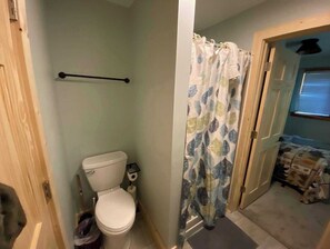 Bañera con ducha, secador de pelo, toallas, jabón