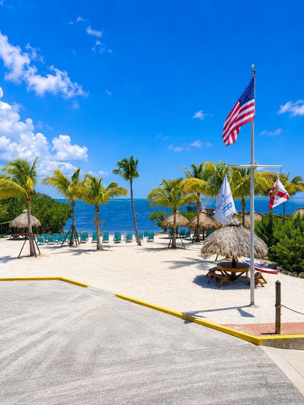 A beach with a flagpole, palm trees, and beach chairs.