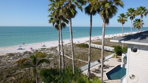 A beach view with palm trees, a swimming pool, and a white building.
