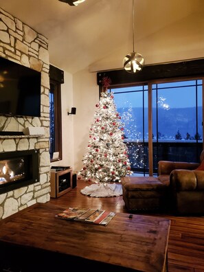 Smart TV, fireplace, video games, DVD player