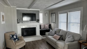 Smart TV, fireplace, video-game console, books