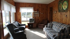Een gezellige woonkamer met houten wanden, een groot raam met witte gordijnen, een televisie op een dressoir en een sofa met een patroon.