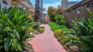 Un sentier bordé de plantes verdoyantes et d’un grand palmier, qui mène à un bâtiment à la façade beige et au chemin d’accès rouge.