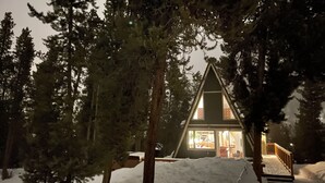A cabin with a triangular roof, surrounded by trees, and a snow-covered ground. - Cozy ski chalet 1/2 mile from Main Street, Great Location (Breckenridge)