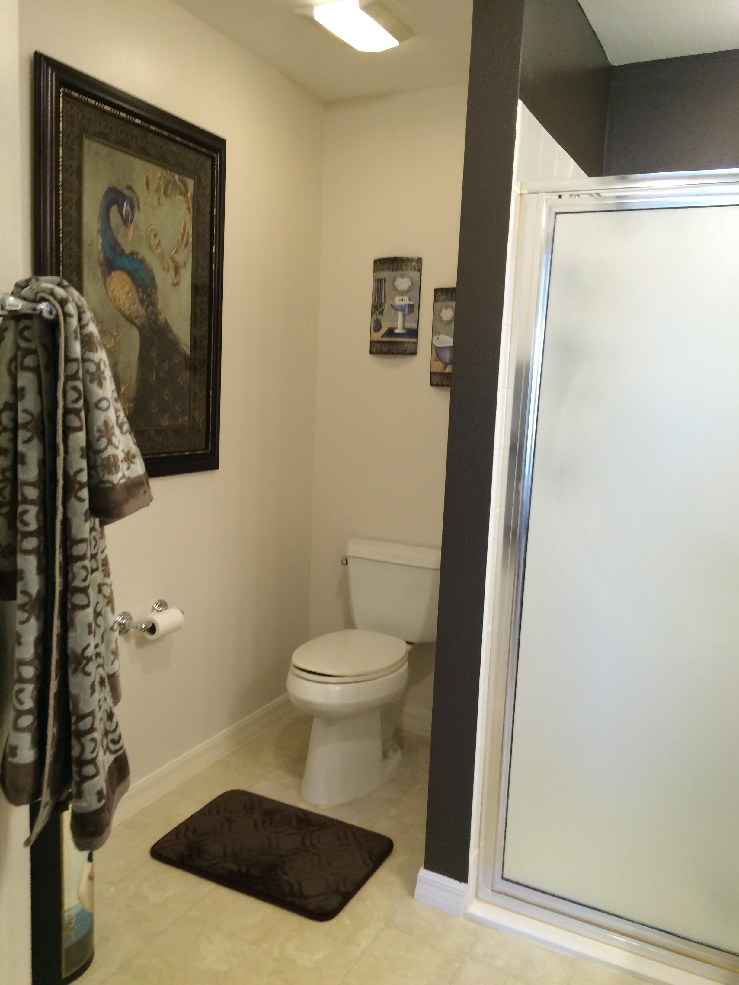 Ein Badezimmer mit Toilette, Dusche, Handtuchhalter mit Handtuch und einem gerahmten Bild an der Wand.