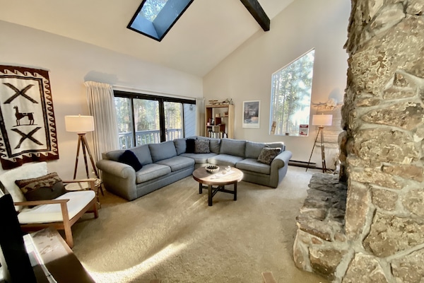 Living room, wood burning fireplace, open concept, high ceilings, natural light