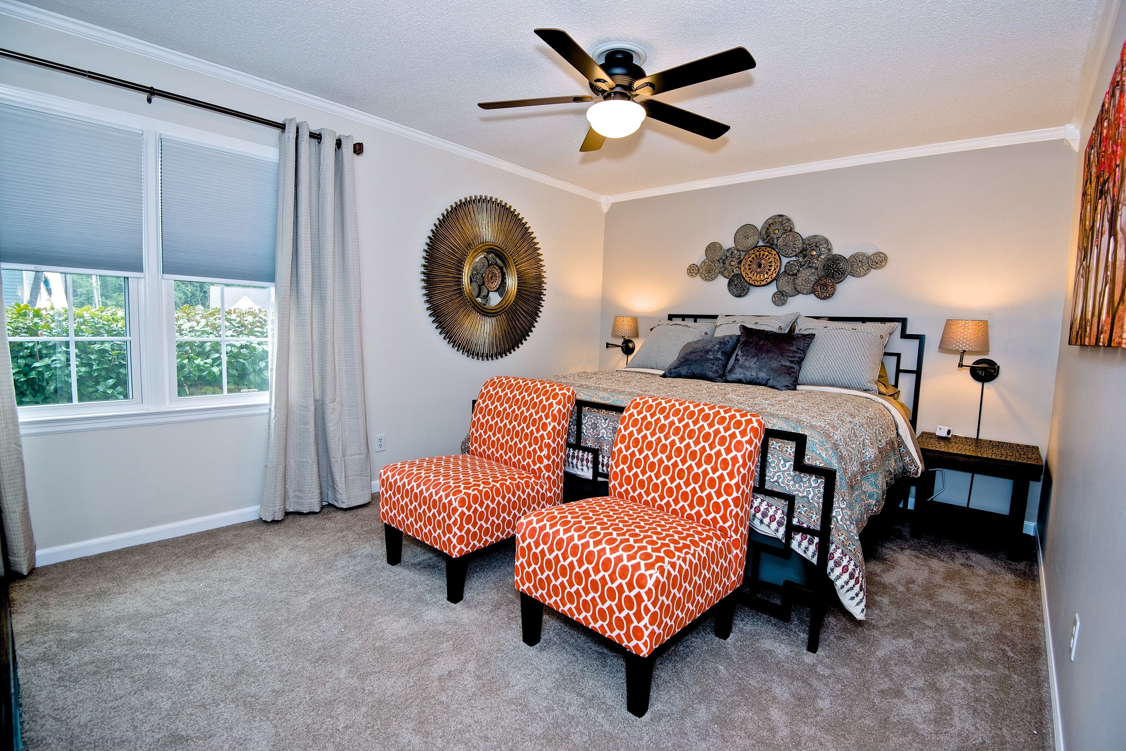 The master has a Sterns & Foster King bed, USB plug-in & rm darkening shades .