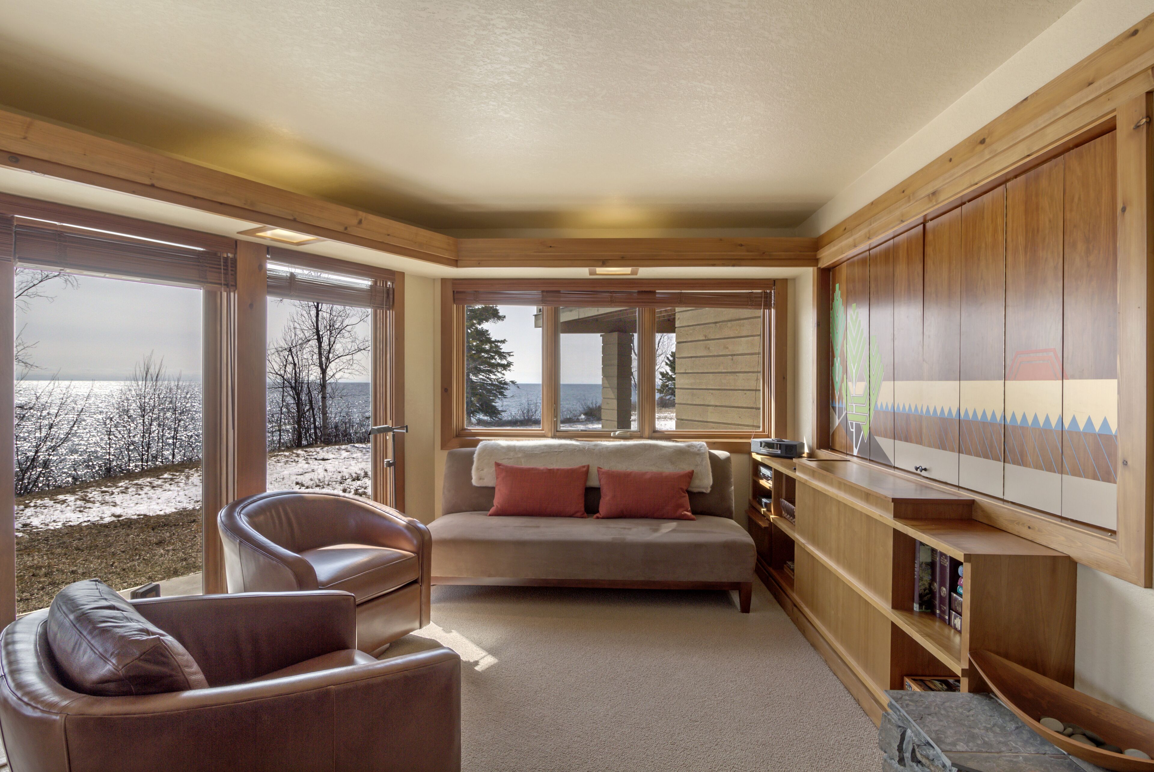 Smart TV, chimenea, libros y estéreo 