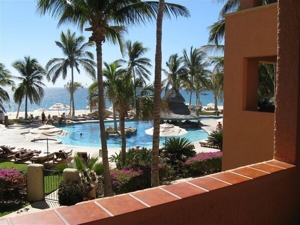 A pool area with palm trees, lounge chairs, and a view of the ocean.