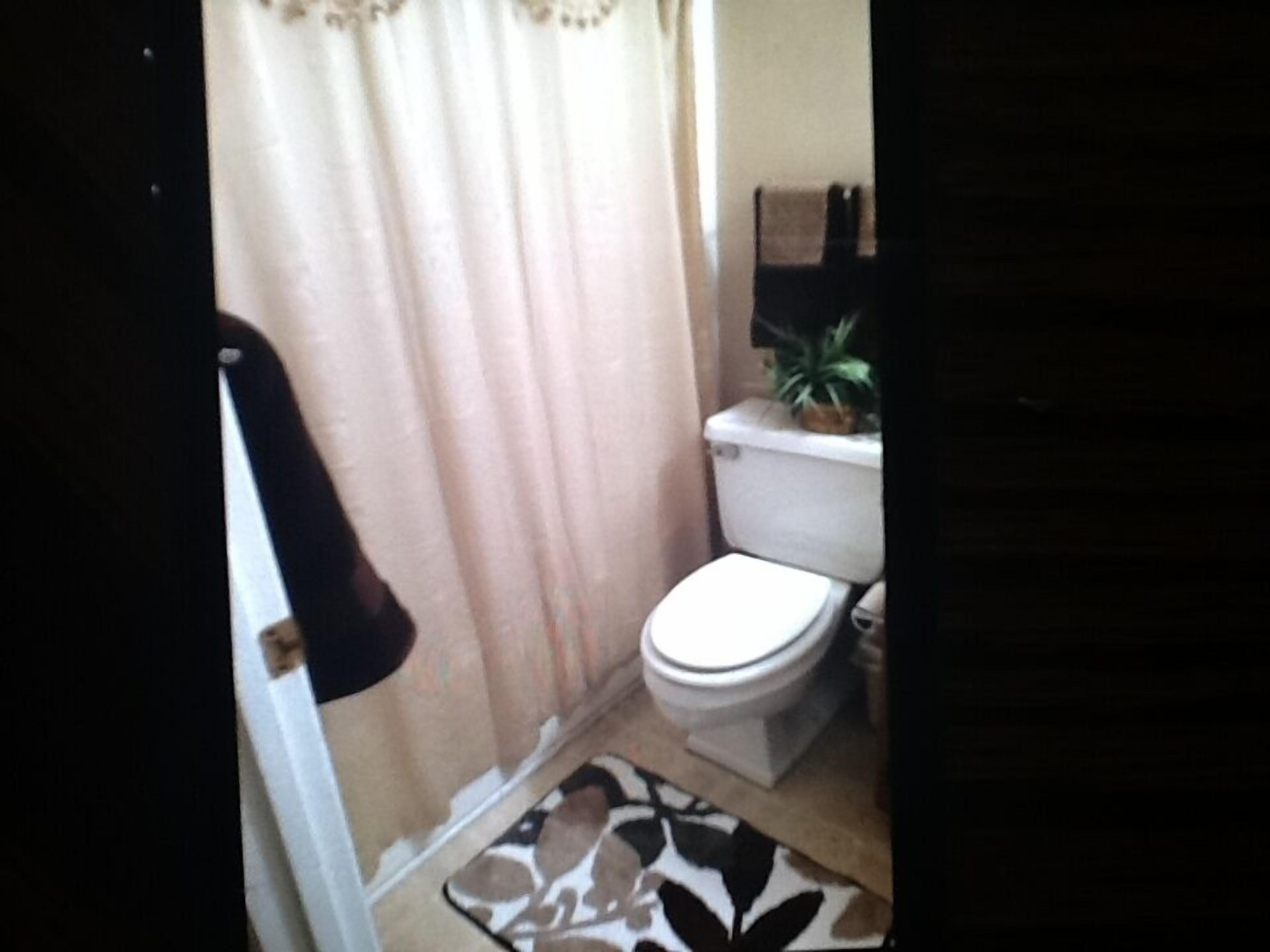 Une petite salle de bain avec des toilettes, un rideau de douche et un tapis à motifs.