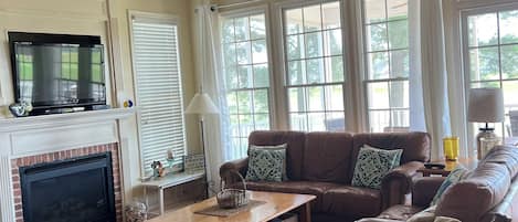 Télévision, cheminée, lecteur de DVD, baby-foot