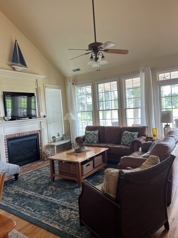 TV, fireplace, DVD player, foosball