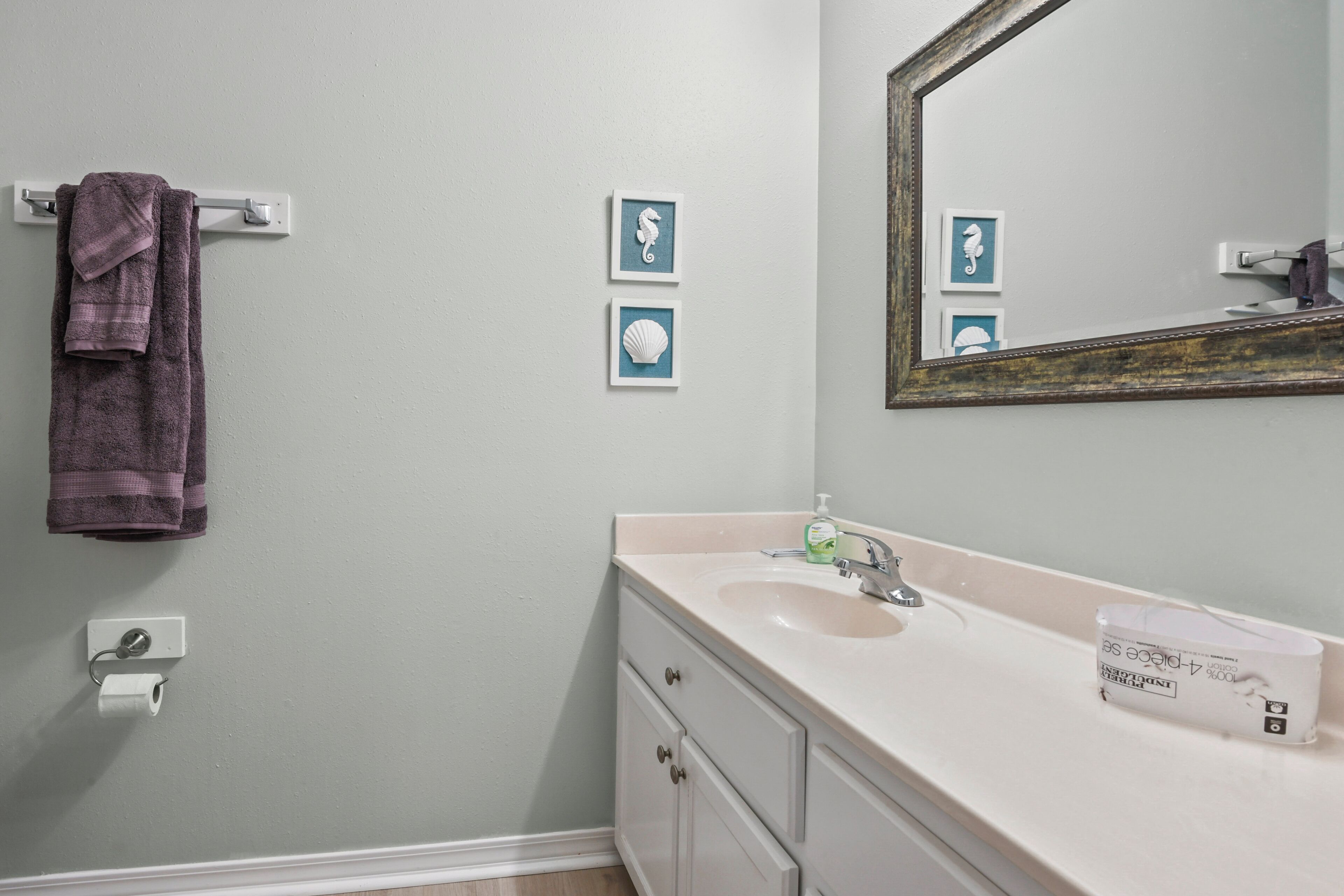 A bathroom with a sink, mirror, towel rack, and framed pictures on the wall.