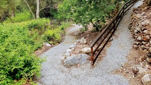 Een grindpad met een metalen hekwerk langs een stenen muur, omgeven door weelderige begroeiing en bomen.